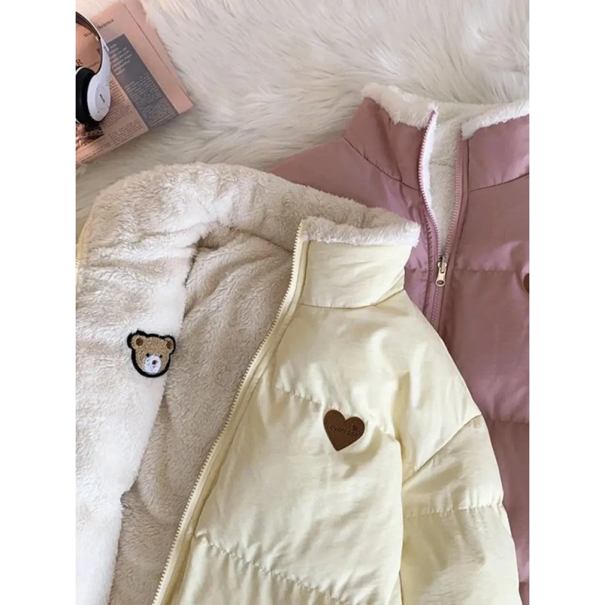 Kawaii Double Sided Love Bear Winter Puffer Jacket