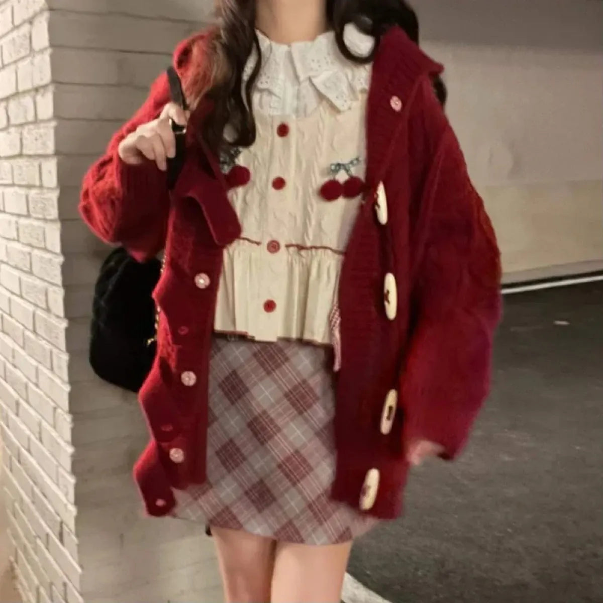Kawaii Patchwork Cherry Bow Knit Sweater Vest