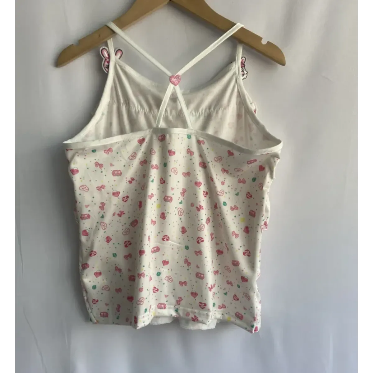 White Kawaii Ruffle Camisole – Bunny Embroidery & Bow Print
