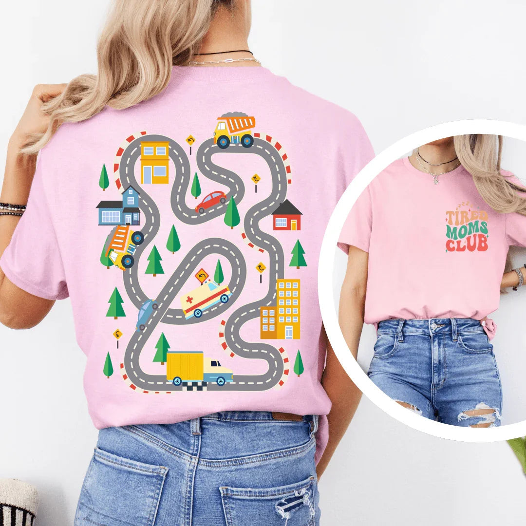 Kids Play Car Race On Mom’s Back Tee
