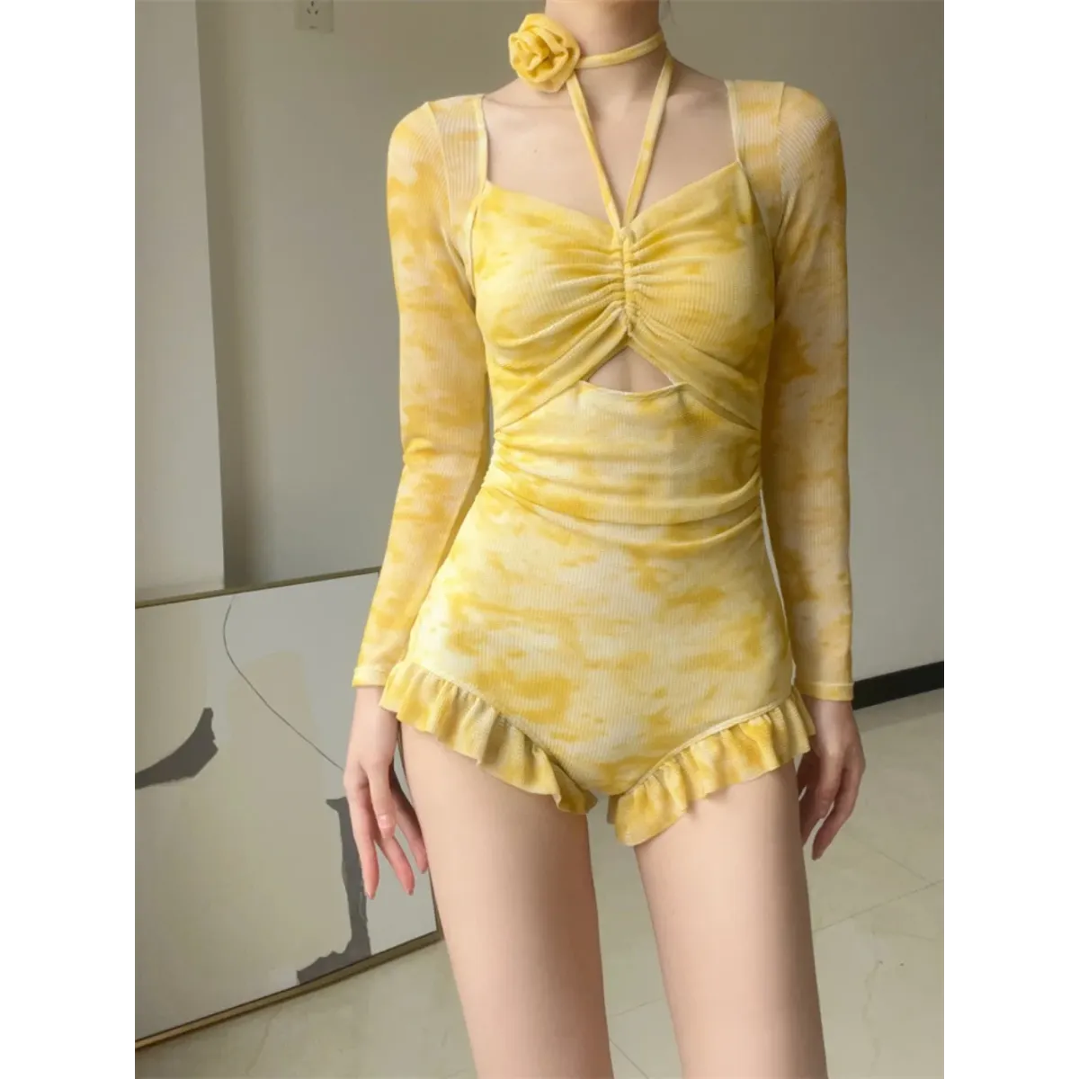 3D Floral Ruffle One-Piece β Korean Long Sleeve Beach Bodysuit