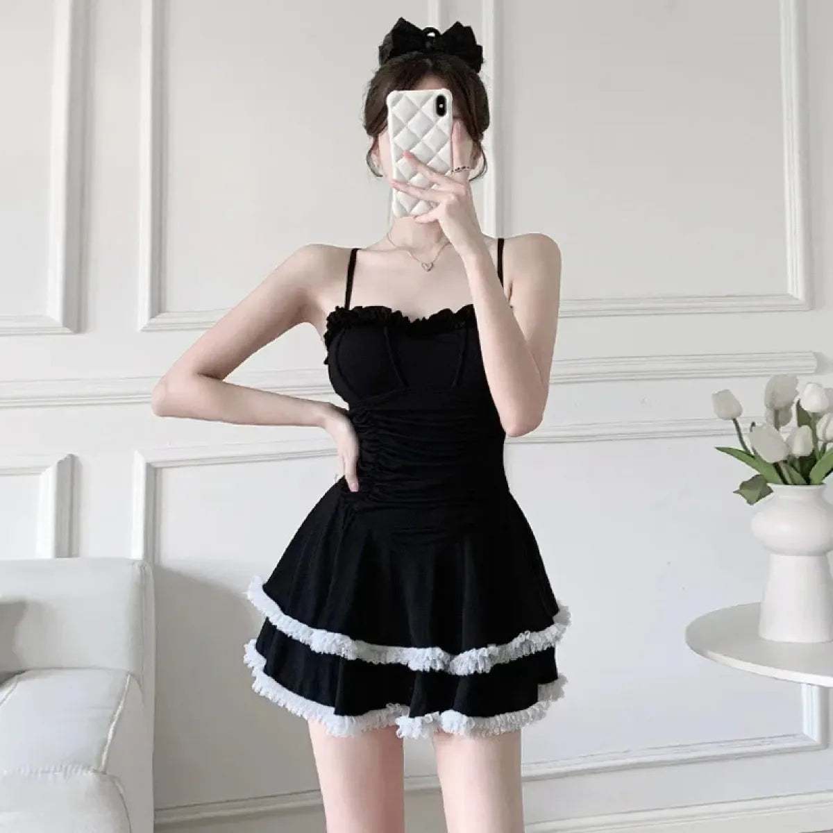 Ruffle One-Piece Swimsuit – Korean Sweet Mini Dress Swimwear