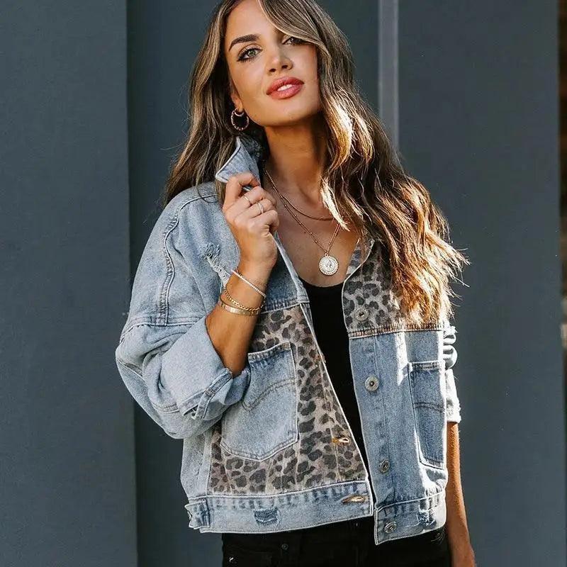 Lavish Style Winter Long-sleeved Jacket Denim Trendy Leopard Print Stitching Lapel Short Jacket For Women And Girls
