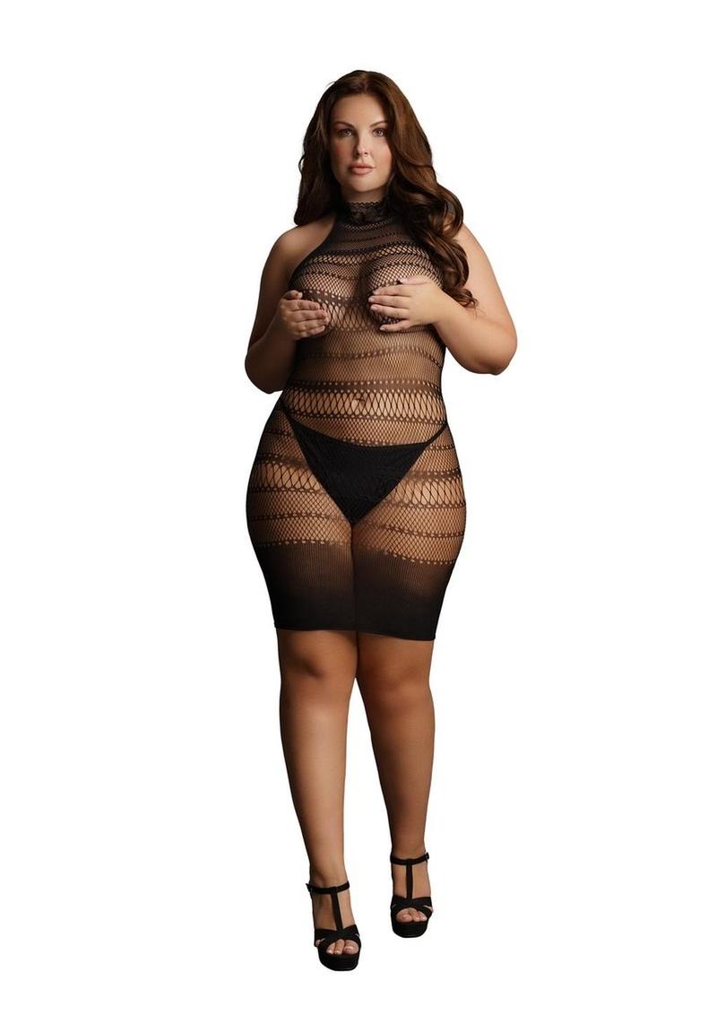 Le Désir High Lace Neck Net Mini Dress
