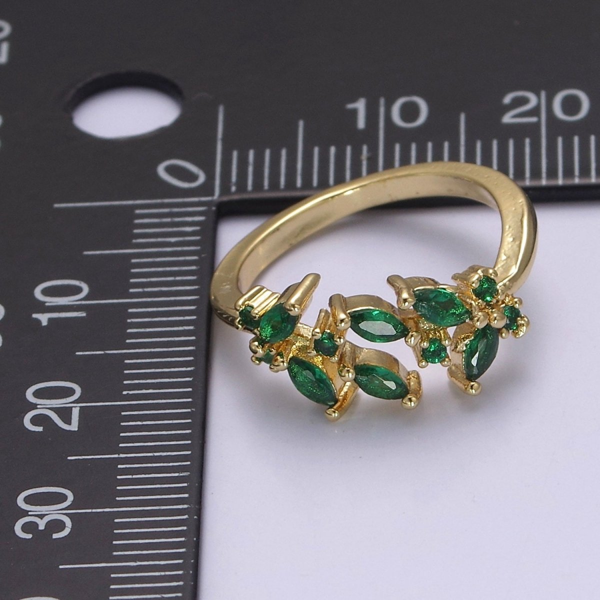 Leaf Green Gold Emerald Style Ring with Cubic Zirconia Nature Ring Dainty Green CZ Adjustable Ring U-028 S-503