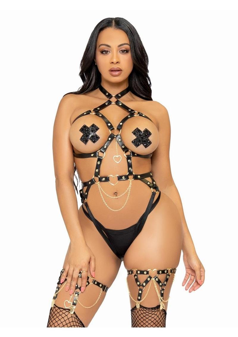 Convertible Vegan Leather Heart-Ring Studded Harness Teddy