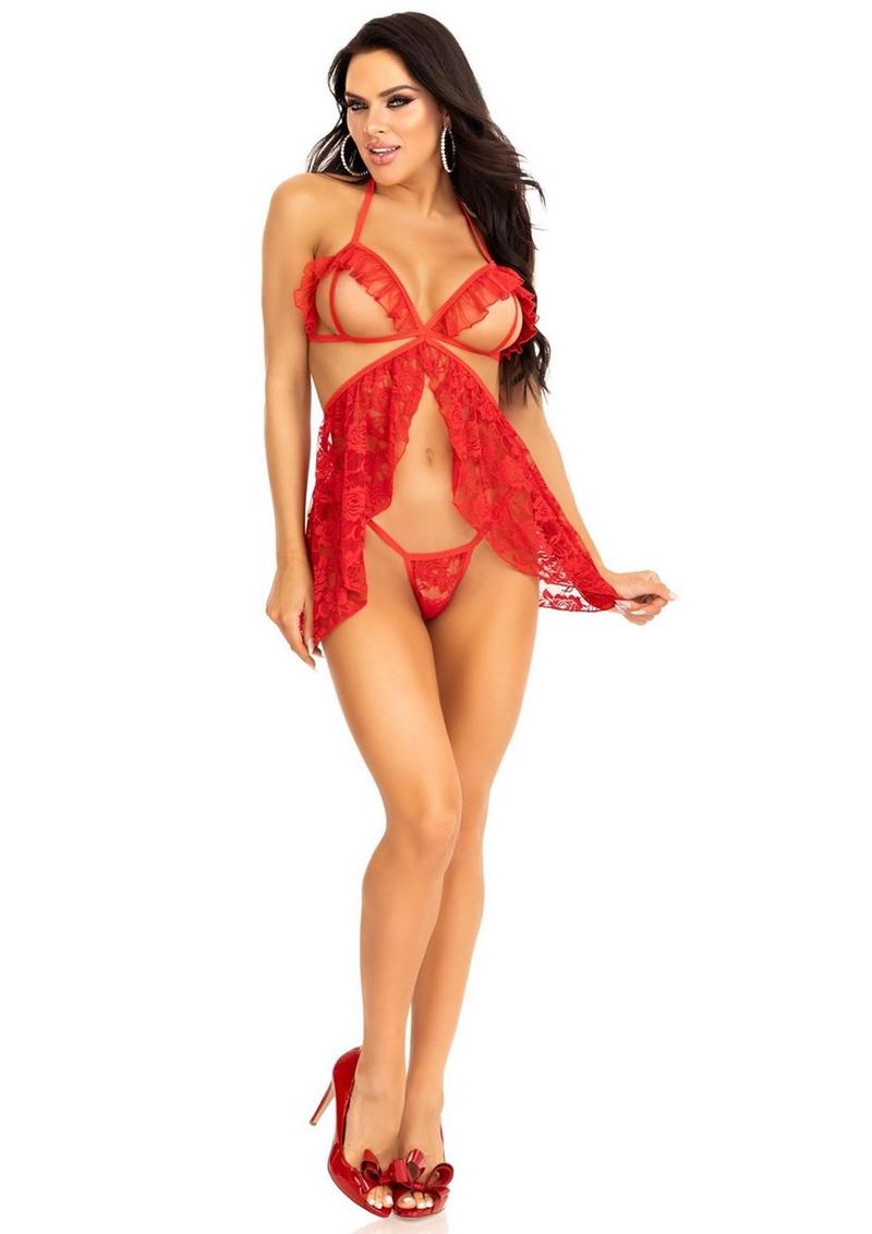Lace Flyaway Babydoll with Ruffle Peek-a-Boo Cups and Lace G-String