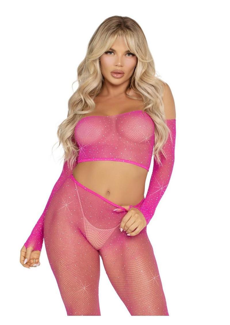 Leg Avenue Rhinestone Fishnet Crop Top and Footless Tights