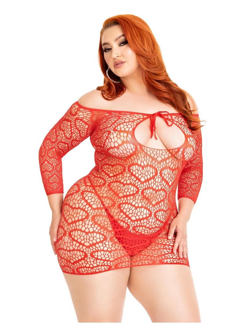 Black Seamless Heart Net Mini Dress with Keyhole Tie Front