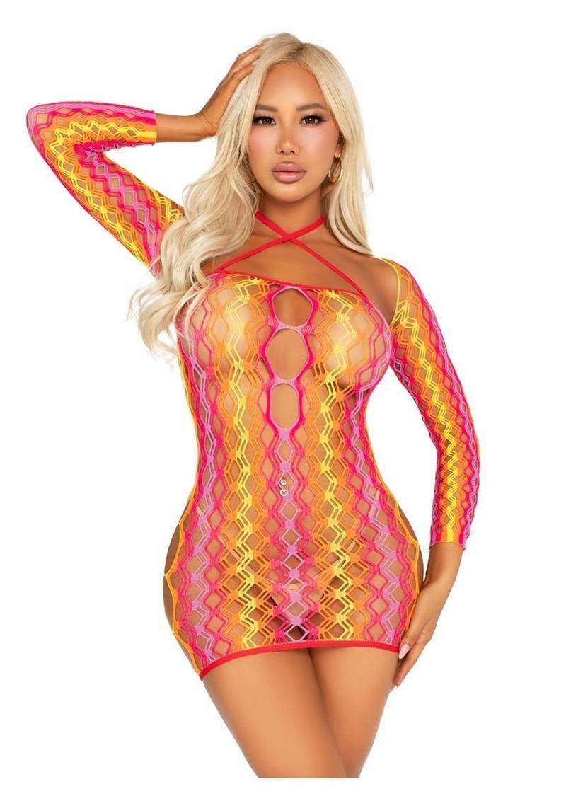 Multicolor Zig-Zag Net Mini Dress With Halter and Shrug