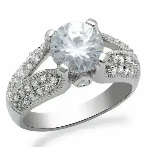 LO2077 - Rhodium Brass Ring with AAA Grade CZ in Clear