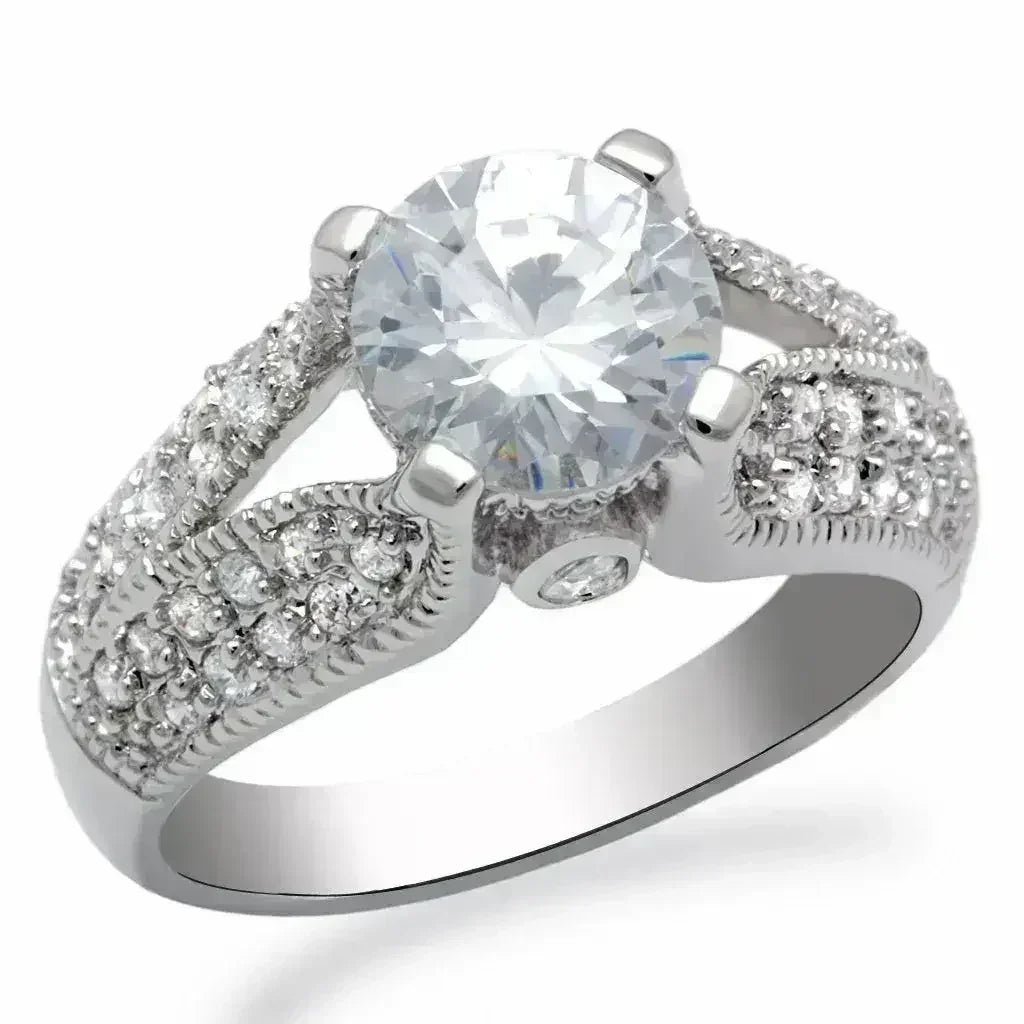 LO2077 - Rhodium Brass Ring with AAA Grade CZ in Clear