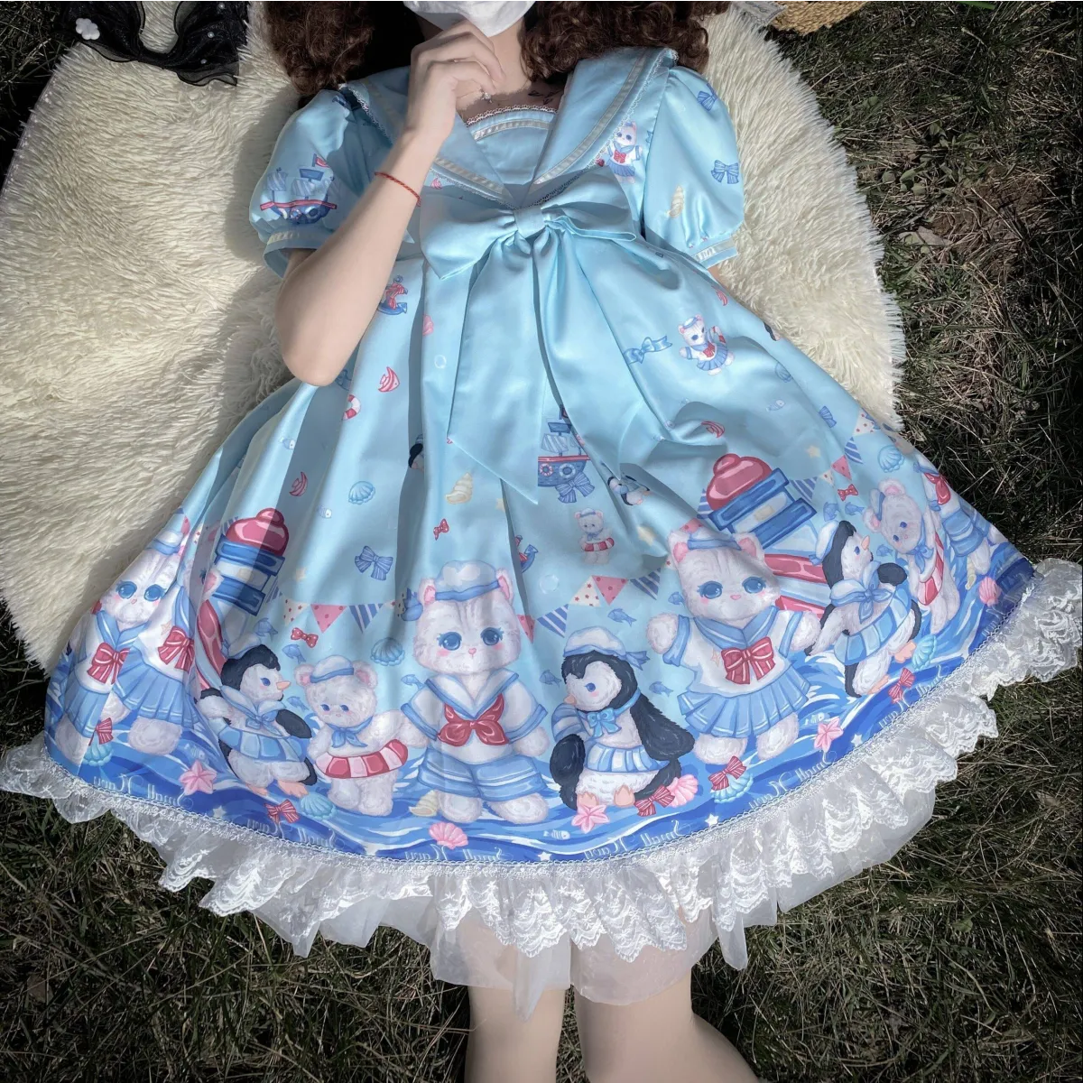 Lolita Dress With Cute Cat and Penguin Print