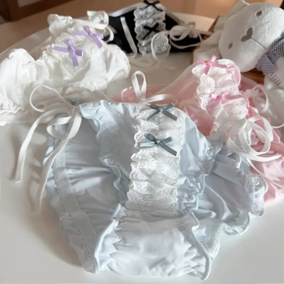Lolita Lace Ruffle Bow Panties – Cute Low Waist Tie-Up Briefs