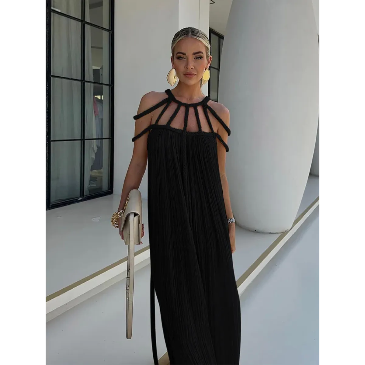 Loose Sleeveless Maxi Beach Dress: Off-Shoulder Crochet Cut-Out Design
