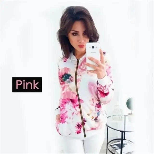 Luxurious Women Floral Jackets Spring Summer Long Sleeve Zipper Print Bomber Jacket Casual Pocket Slim Female Fashion Outwears Plus Size