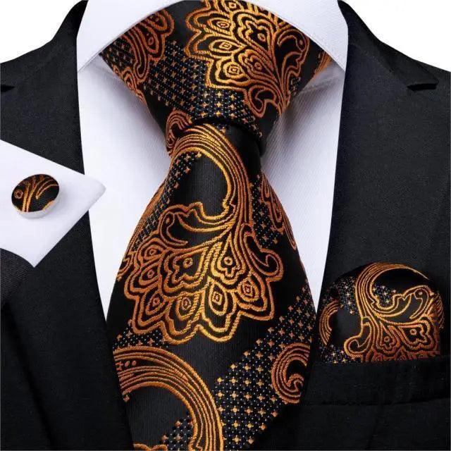 Luxury Wedding Party Floral Design Silk Necktie Hanky And Matching Cufflinks Set For Men Classic Design Necktie Set For Men