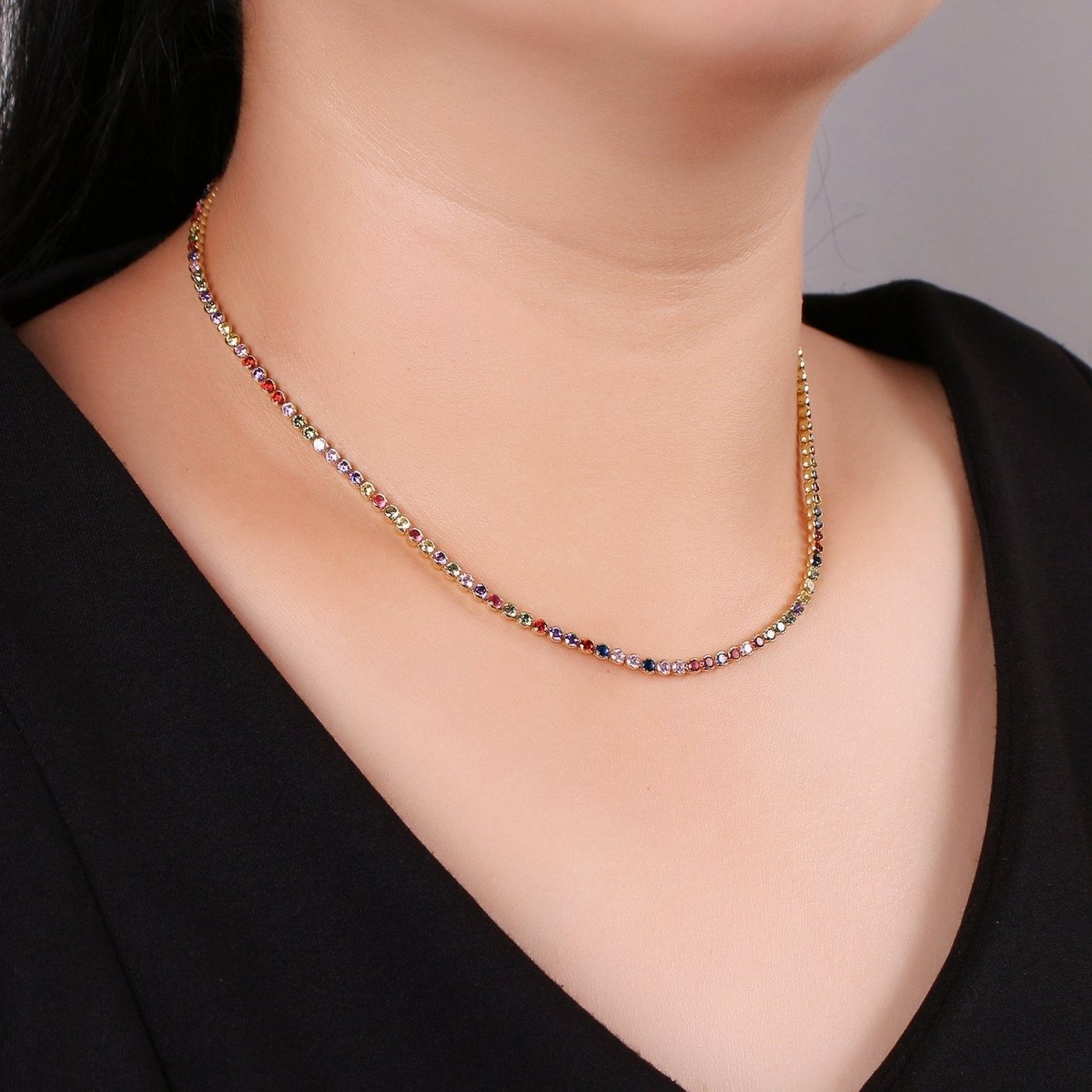 Micro Pave Tennis Chain / 14k Gold Filled / Micro Pave Choker Chain / Tennis Chain Choker Necklace Multi Color Rainbow CZ Chain | CN-779, CN-896 Clearance Pricing