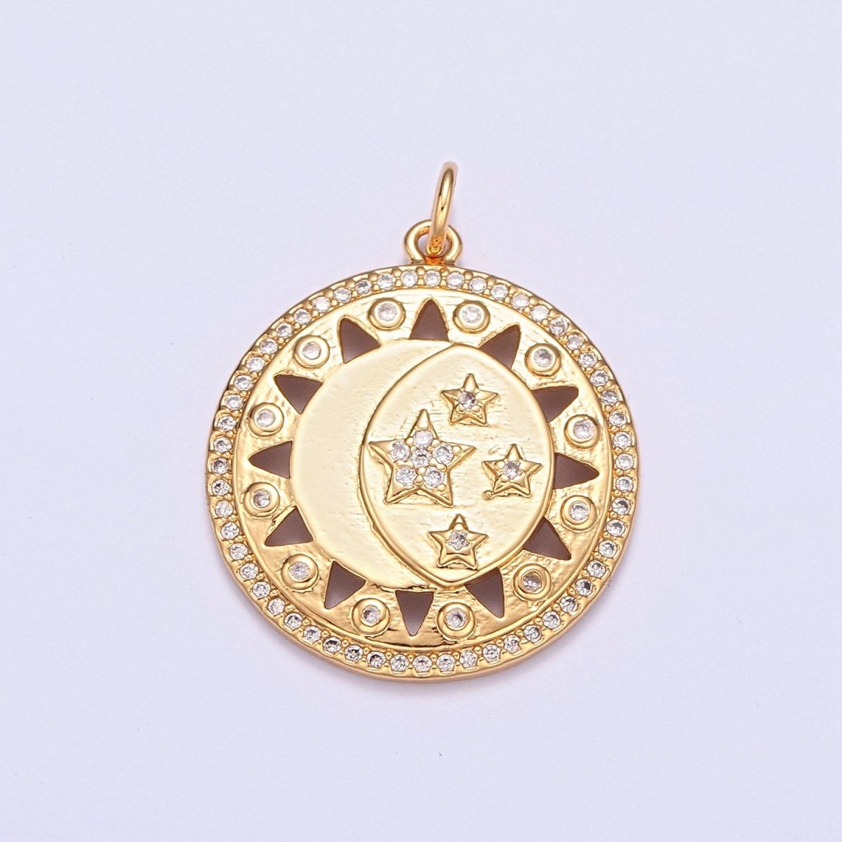 Micro Paved Celestial Sun Crescent Moon Stars Medallion Charm | X-112