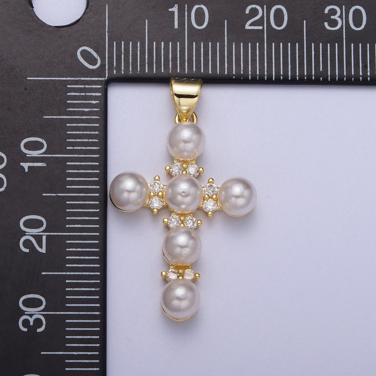 Micro Paved CZ Round White Pearl Religious Cross Gold Pendant I-275