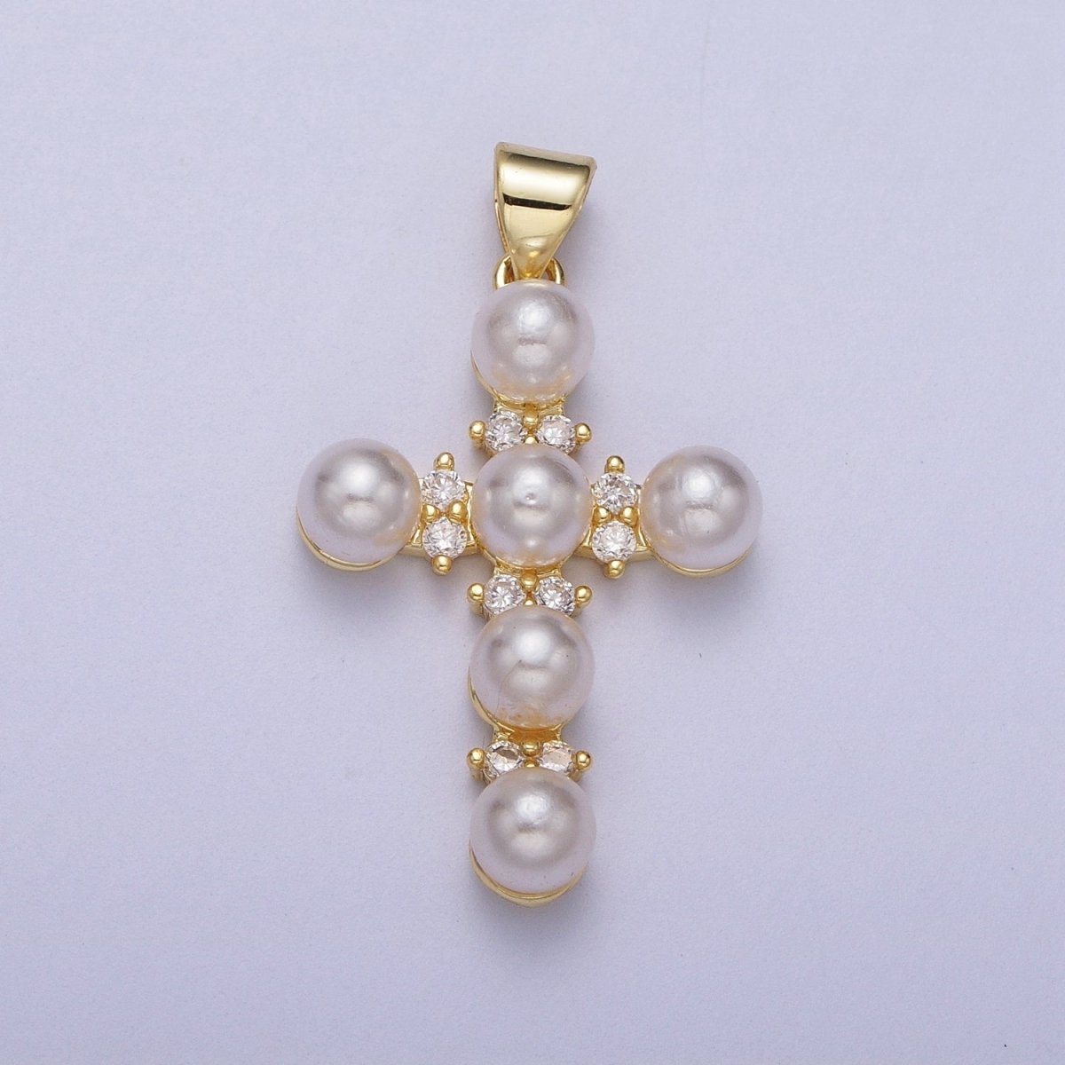 Micro Paved CZ Round White Pearl Religious Cross Gold Pendant I-275