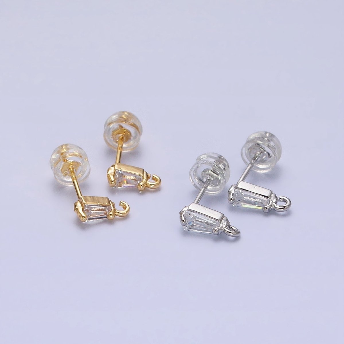 Mini Baguette Cut CZ Diamond Stud Earring Gold Earring Post with Open Link for Earring Supply Z-180 Z-181