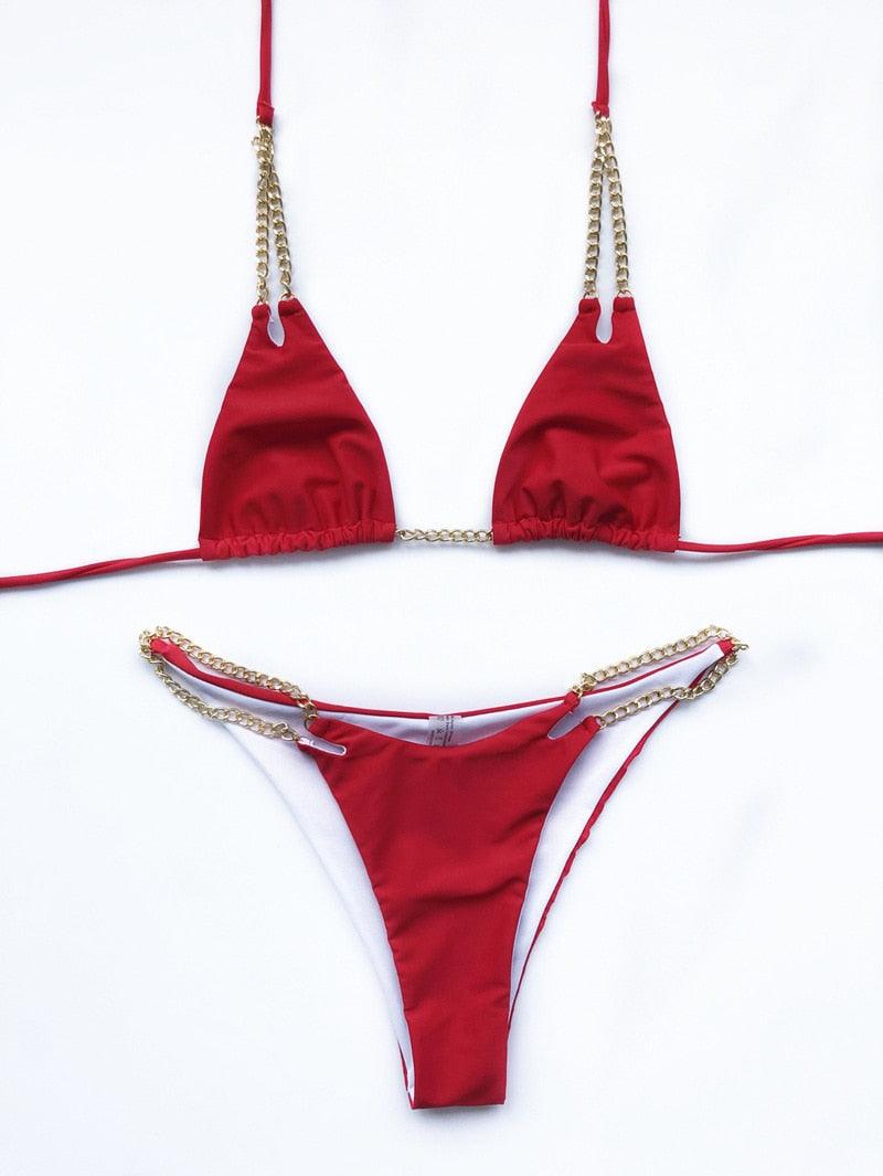 Mini Bikini Tie Dye Swimwear Women Metal Chain Patchwork Bathing suit Triangle Bikinis Women&