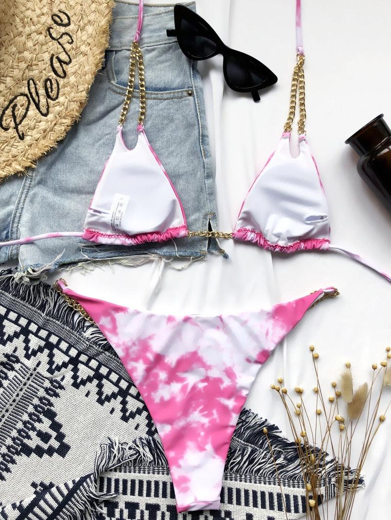 Mini Bikini Tie Dye Swimwear Women Metal Chain Patchwork Bathing suit Triangle Bikinis Women&
