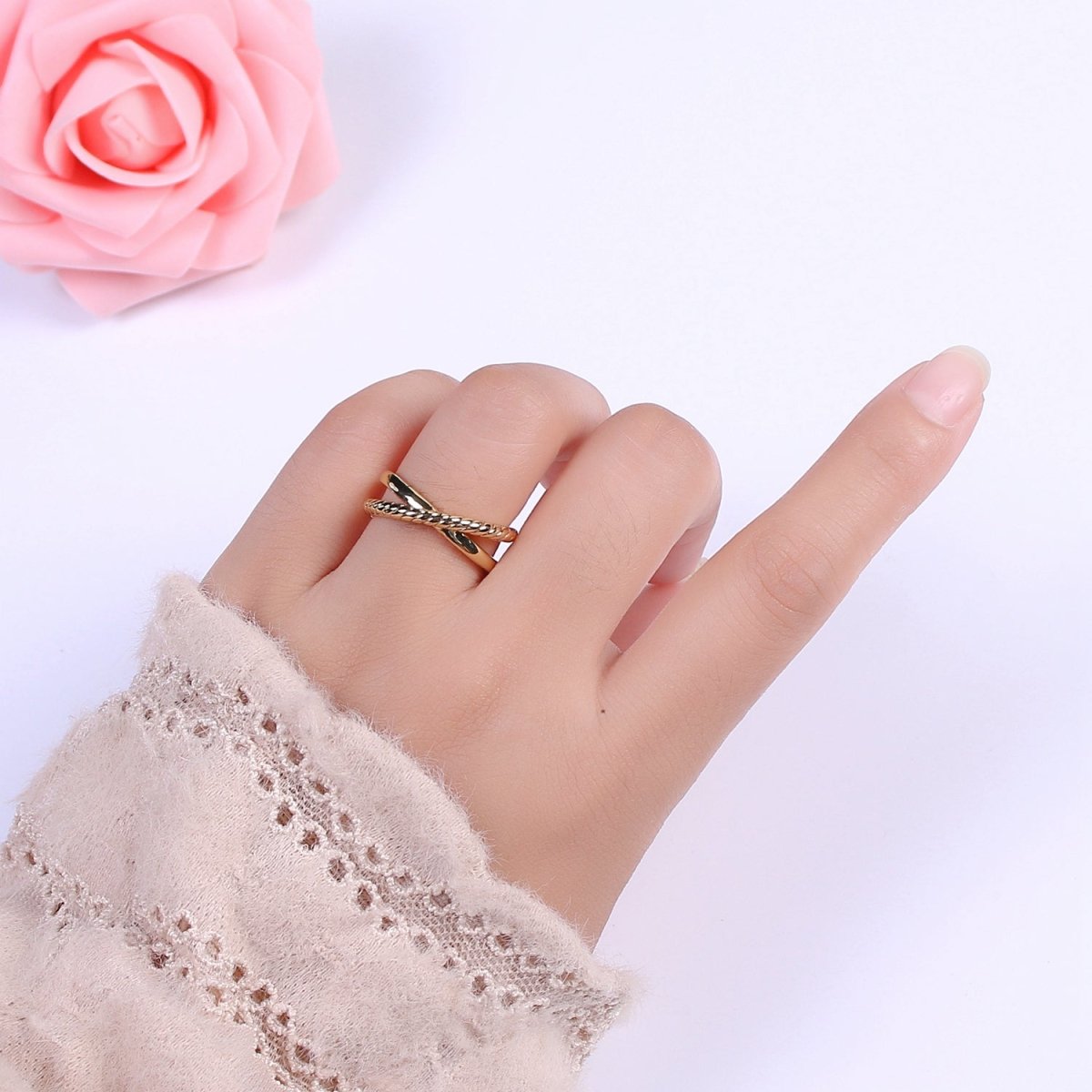 Minimalist Dainty Crossed X Twisted Rope Double Band Adjustable Gold Ring U-125