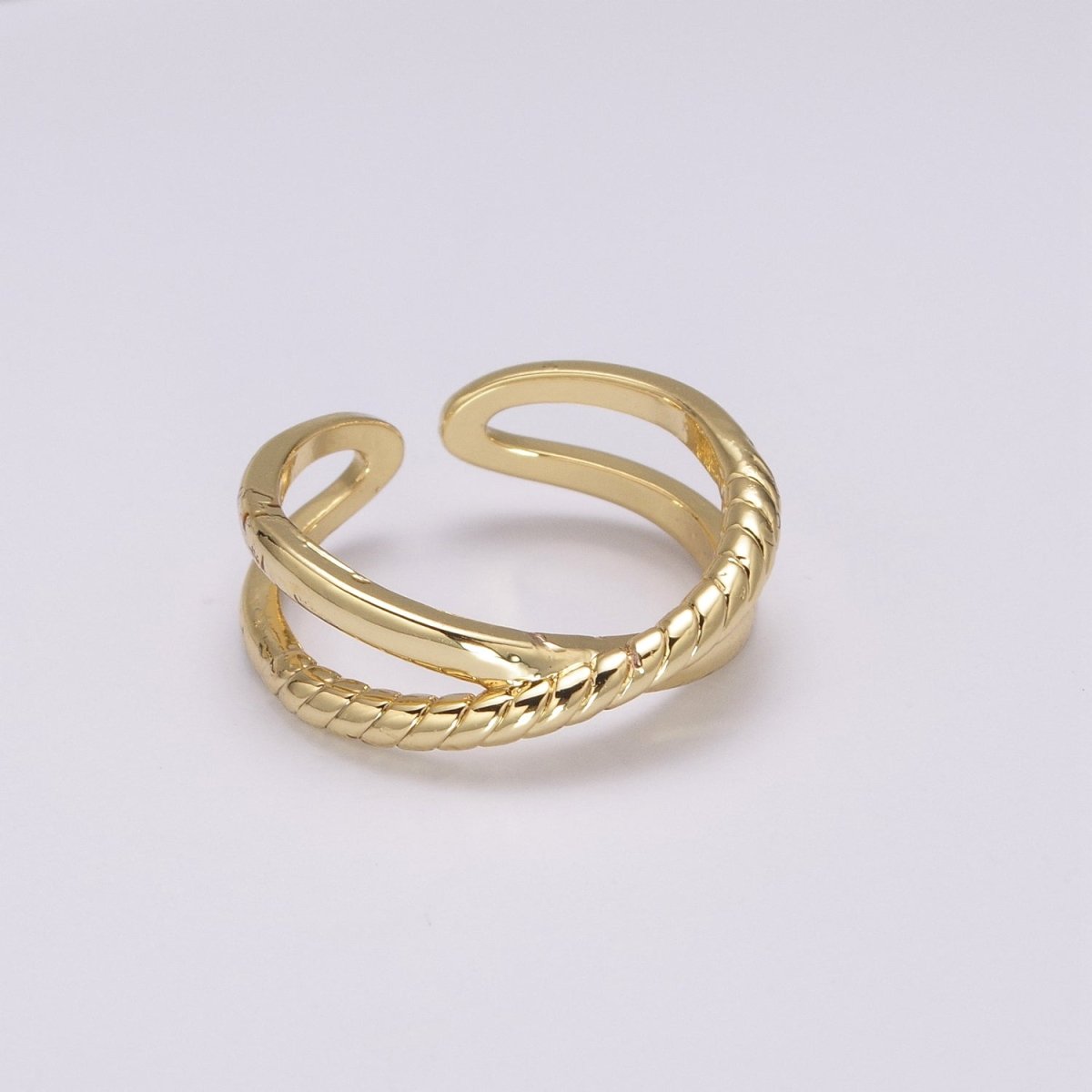 Minimalist Dainty Crossed X Twisted Rope Double Band Adjustable Gold Ring U-125