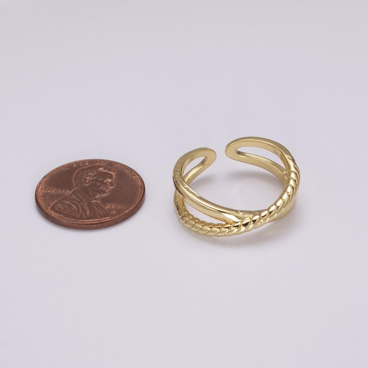 Minimalist Dainty Crossed X Twisted Rope Double Band Adjustable Gold Ring U-125