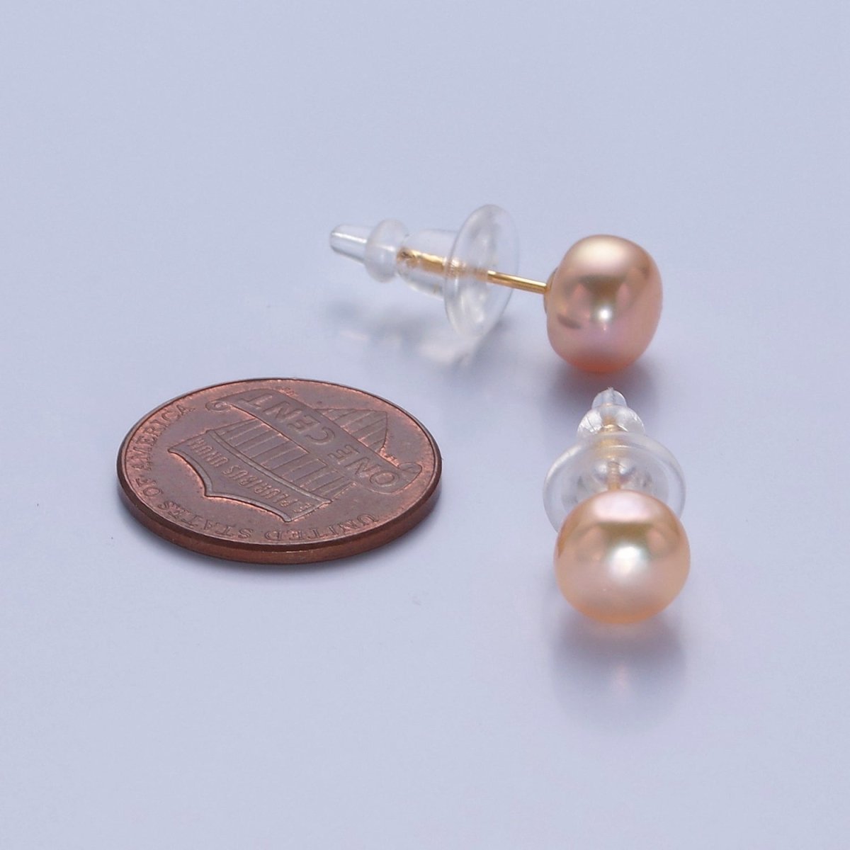 8mm Freshwater Pearl Button Gemstone Stud Earrings in Gold & Silver