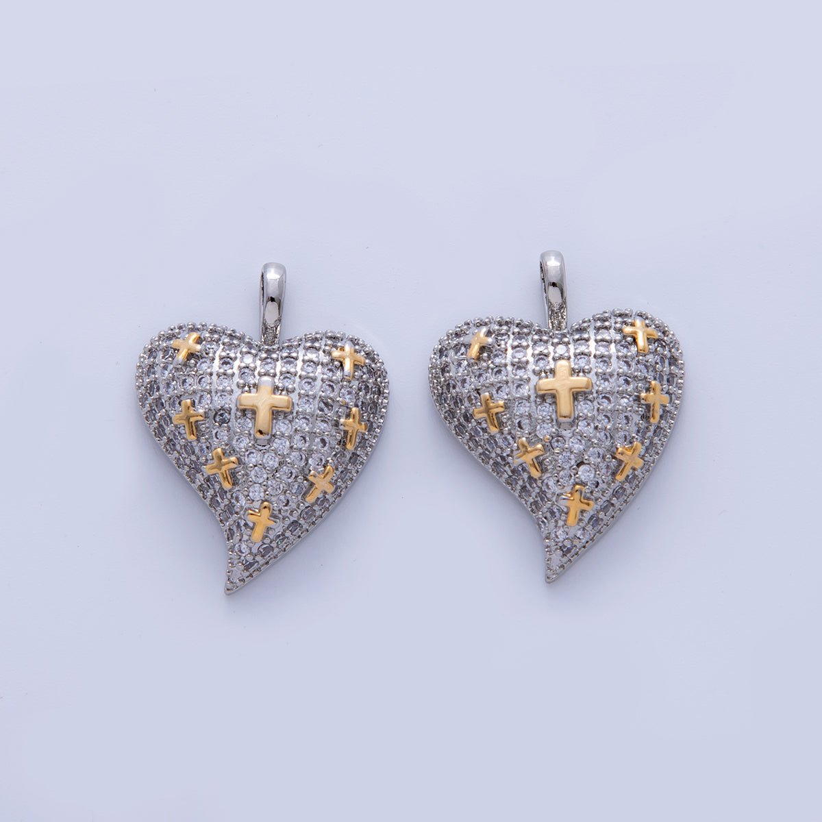 Mixed Metal Micro Paved CZ Cross Heart Chubby Pendant | AH718