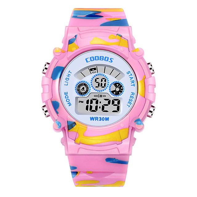 Navy Blue Camouflage Kids Watches LED Colorful Flash Digital Waterproof Date Week Creative Children Watch Sport Multi Function 30M Waterproof LED Alarm Stopwatch Digital Child Wristwatch For Boy Girl