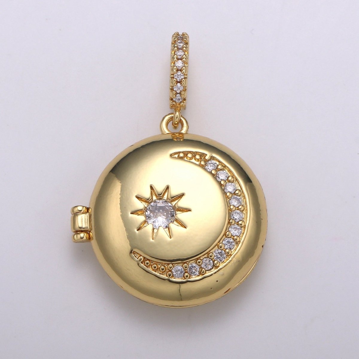 14K Gold Filled Crescent Moon Locket Starry Night Locket Pendant, Moon Star CZ Locket Charm Necklace Component Celestial Jewelry H-234