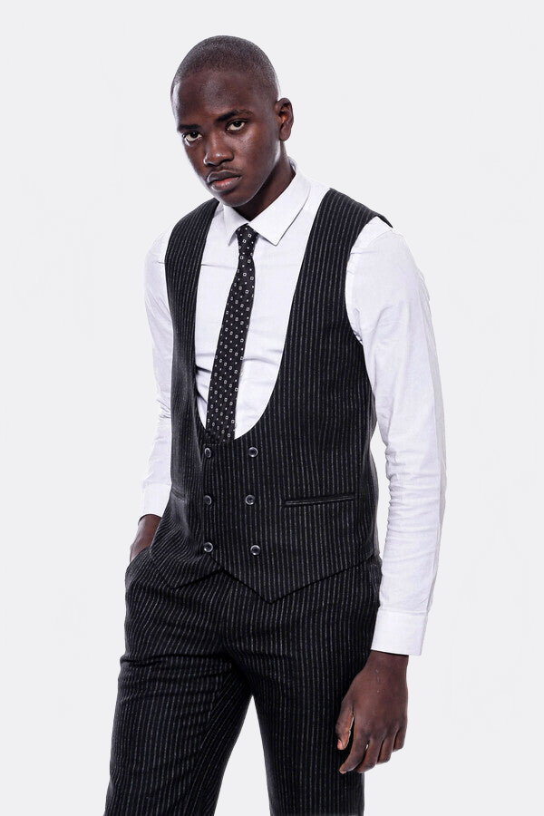 Striped Black Double Breasted Suit - Wessi