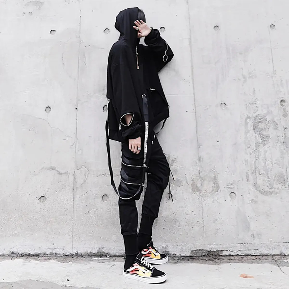 Oversized Ribbon Techwear Black Hoodie