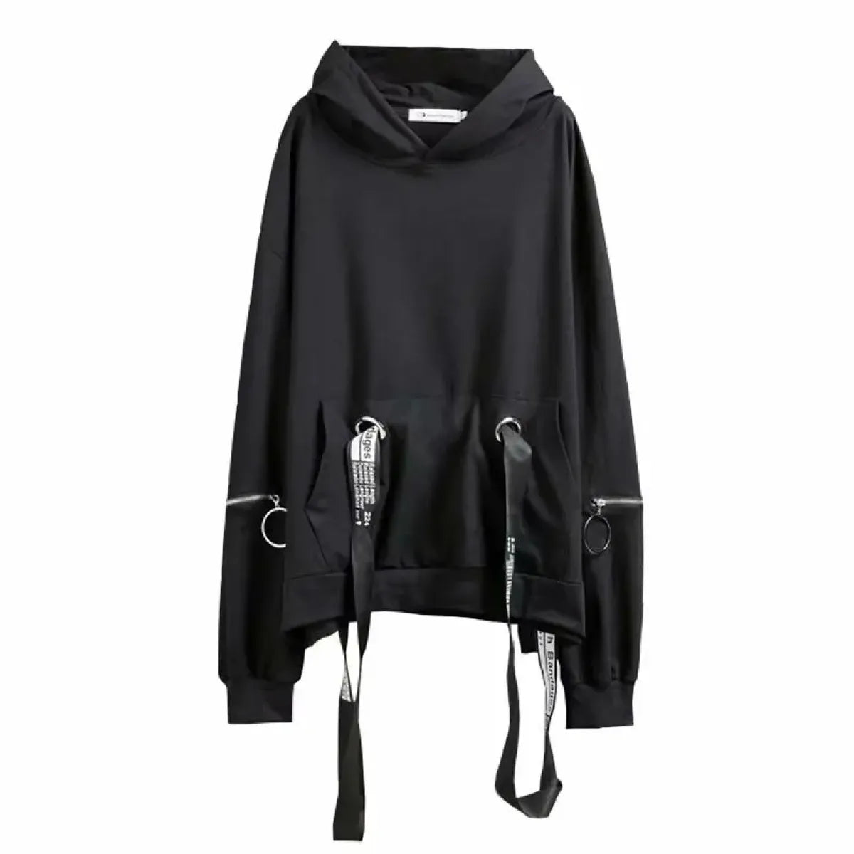 Oversized Ribbon Techwear Black Hoodie