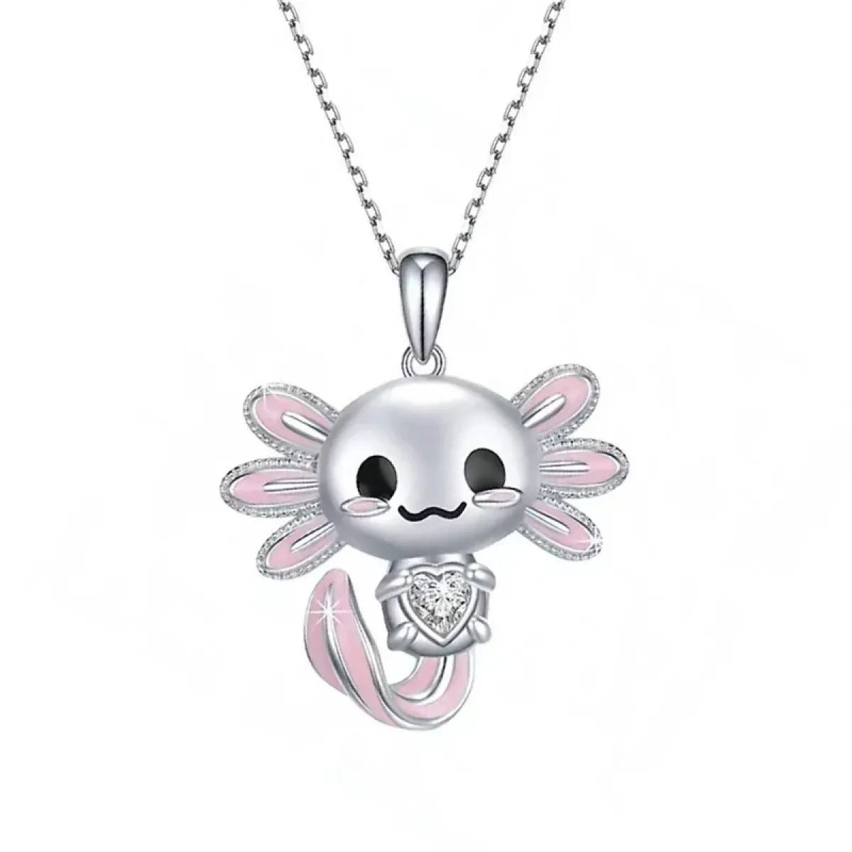 Cute Pink Axolotl Necklace - Enamel Pendant with Crystal Charm