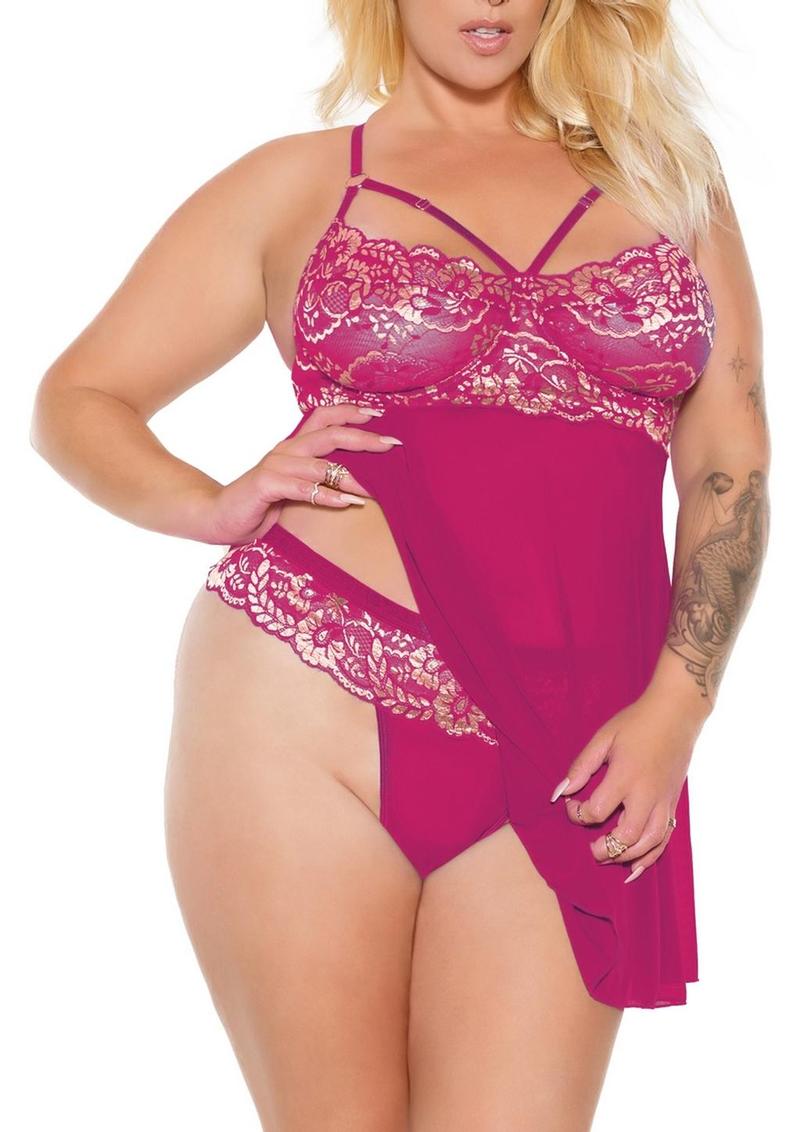 Pink Pussycat Babydoll And Thong Set With Gold Lingerie
