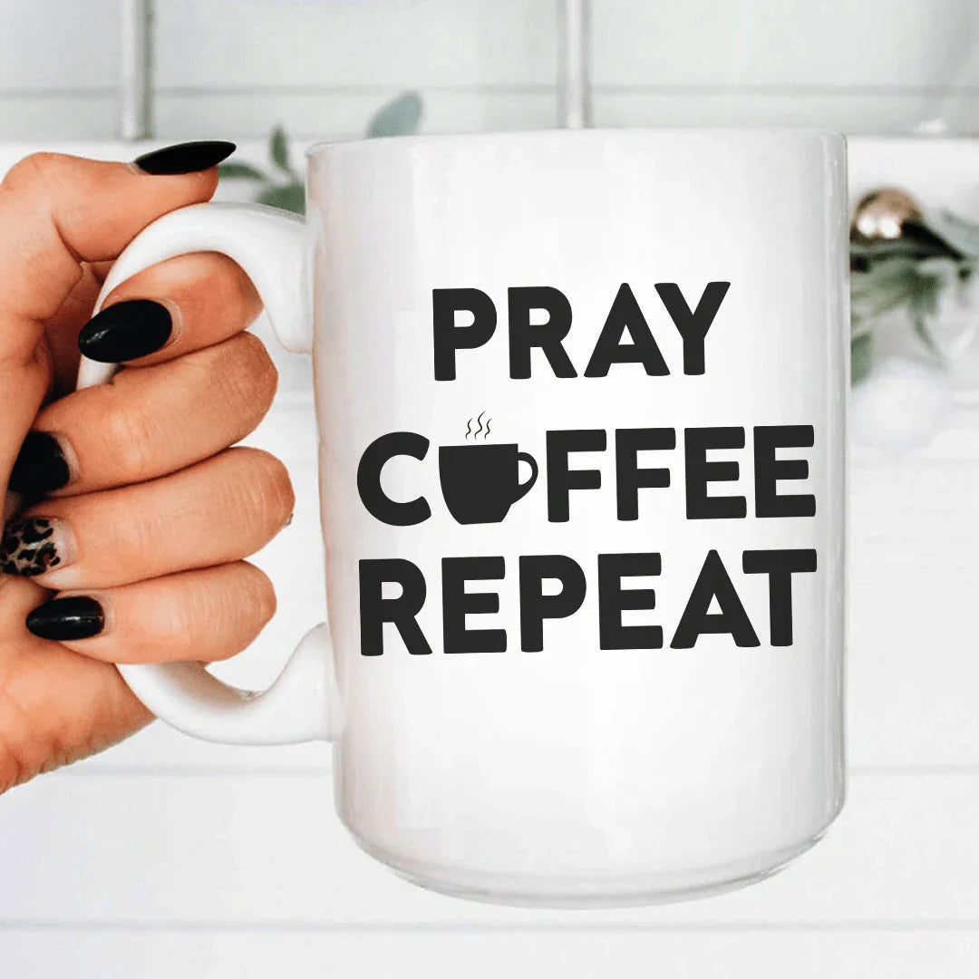 Pray Coffee Repeat Ceramic Mug 15 oz