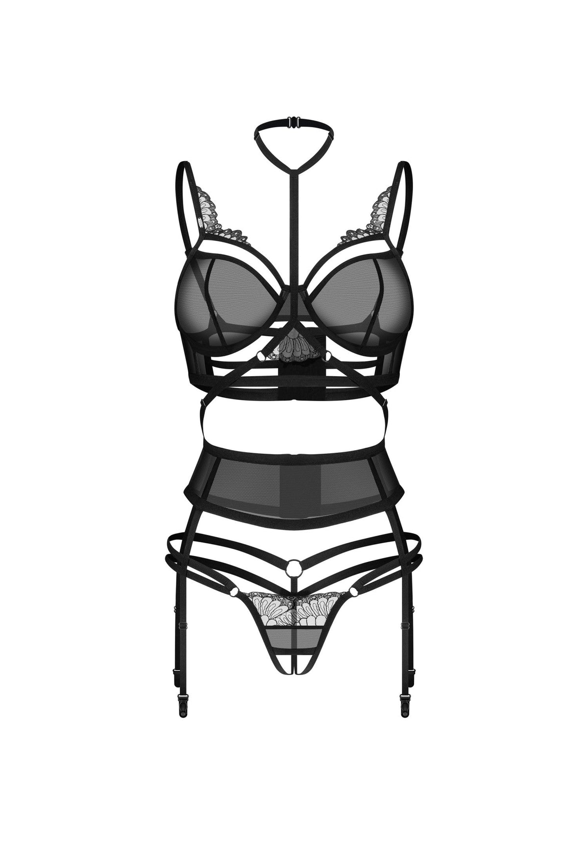Obsessive Premisis Black 3-Piece Crotchless Lingerie Set