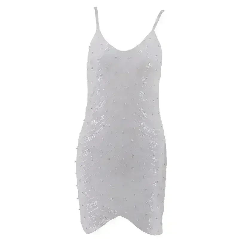 Sequin dress stretch sequin skirt open back beaded spaghetti strap