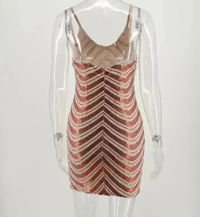 Sequin dress stretch sequin skirt open back beaded spaghetti strap