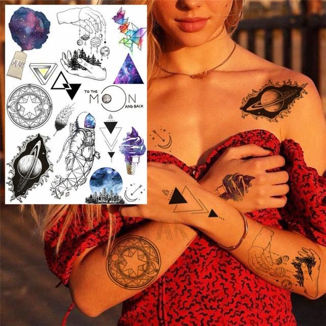 Realistic Black Temporary Small Big Tattoos Space Planets Animals Tatoos Waterproof Face Hands Tattoos For Girls Mens