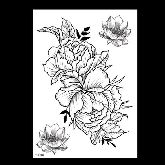 49 Sheets Waterproof Temporary Black Sketches Flowers Tattoo Stickers Flower Rose Tattoos For Women Adults