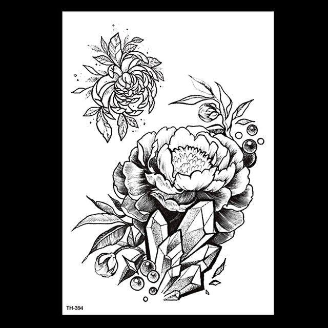 49 Sheets Waterproof Temporary Black Sketches Flowers Tattoo Stickers Flower Rose Tattoos For Women Adults