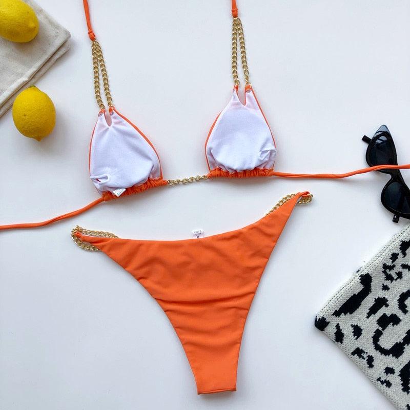 Mini Bikini Tie Dye Swimwear Women Metal Chain Patchwork Bathing suit Triangle Bikinis Women&