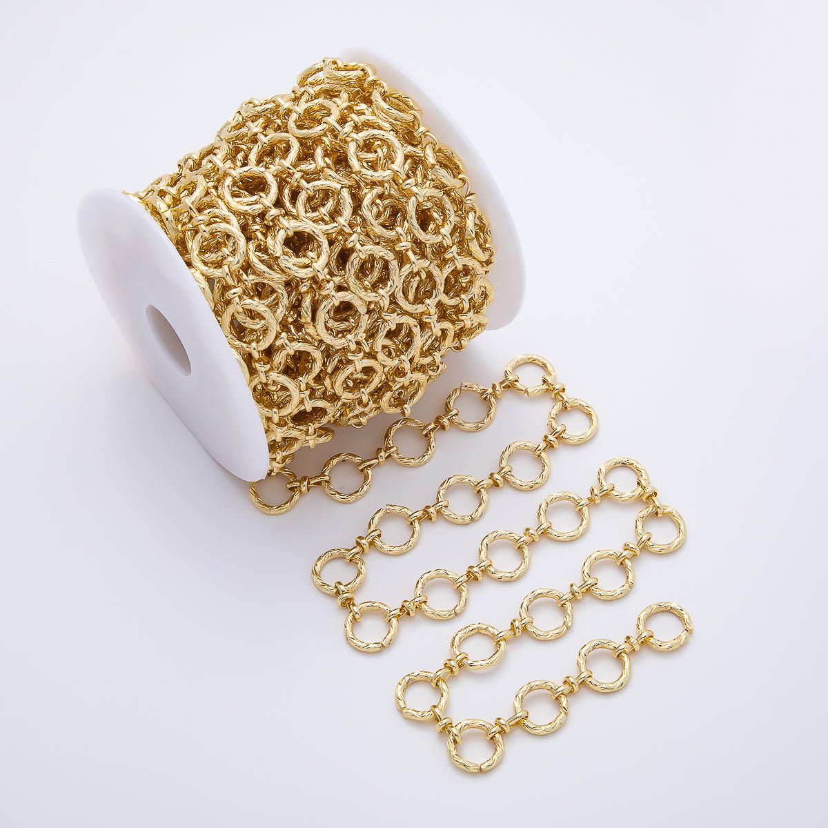 PVD Gold Stainless Steel 15mm Lined Textured Geometric Rolo Unfinished Chain by Yard | Roll-01885