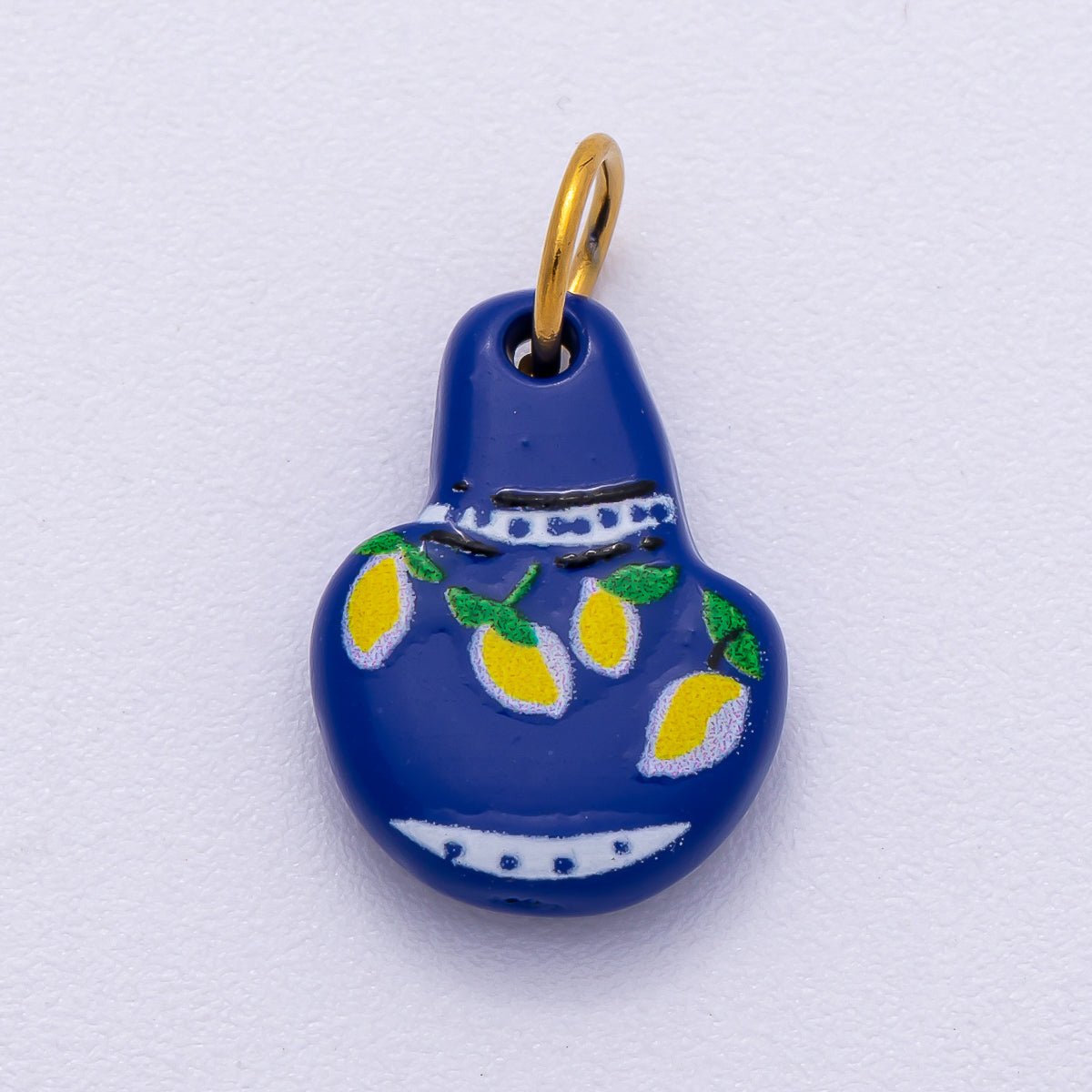 PVD Stainless Steel 15mm Lemon Mediterranean Blue Vase Enamel Charm | Charms-00499